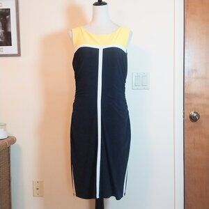 LAUREN RALPH LAUREN COLOR BLOCK NAVY, YELLOW AND WHITE RUCHED SIDE SIZE 14 DRESS